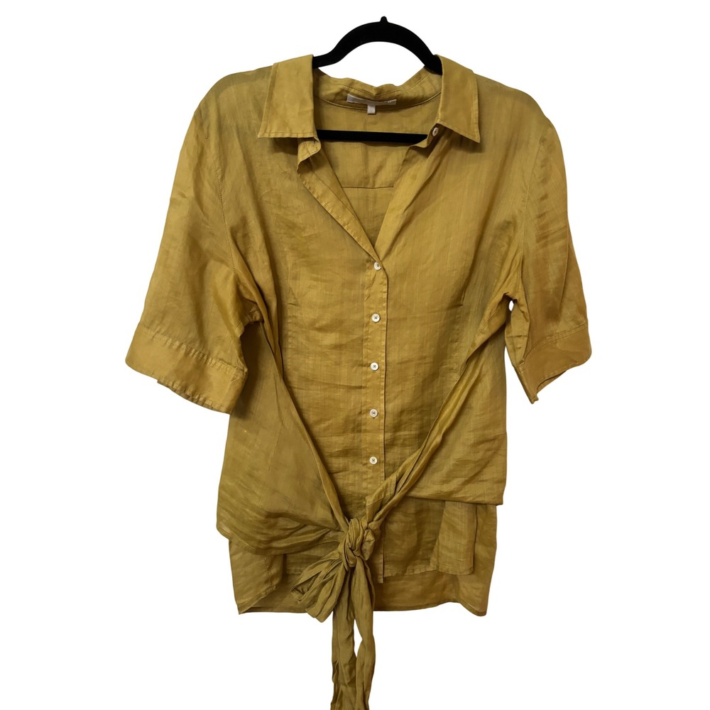 Cassis Mustard Yellow 100% Ramie Tie Front Button Down Shirt Large Short Sleeve